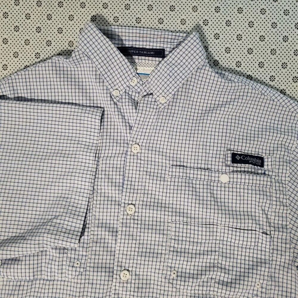 Columbia PFG Super Tamiami Mens M Plaid SS Fishing Shirt Omni-Shade Blue White